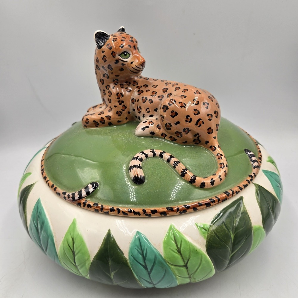 Jungle Jubilee Lynn Chase Leopard Covered Serving Bowl Tureen 11" Dish A+ Animal